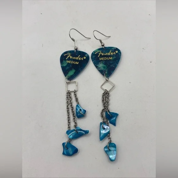 Fender Guitar Pick Dangle Earrings, with Turquoise Stones 4” - Picture 4 of 4